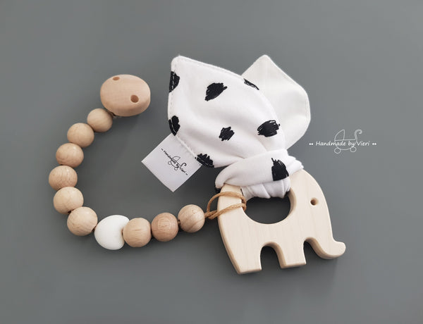 Schnullerkette und Greifling mit Knisterohren - Babygeschenk ohne Namen in schwarz weiß