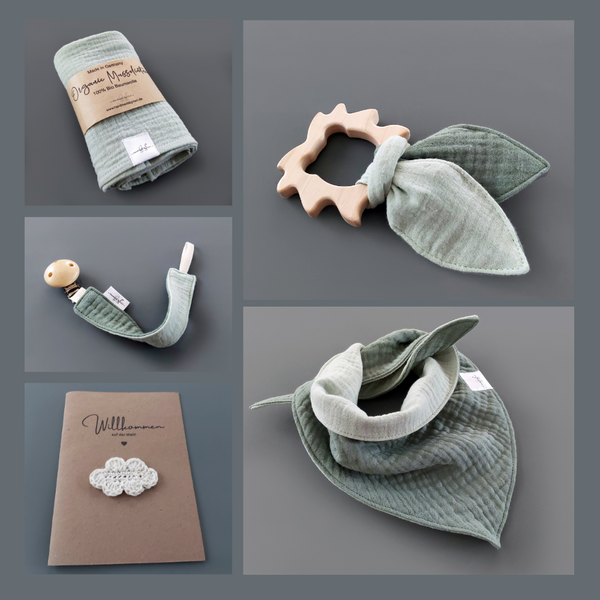 Baby Geschenkset 5-teilig - Halstuch, Greifling mit Knistertuch, Musselintuch, Schnullerkette und Babykarte, grün