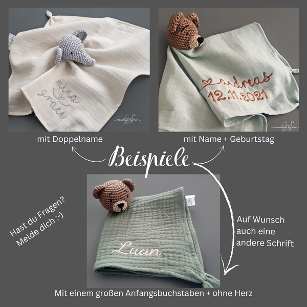 Personalisiertes Schmusetuch aus Bio Musselin - Schaf in hellgrau und blue - handmadebyvieri