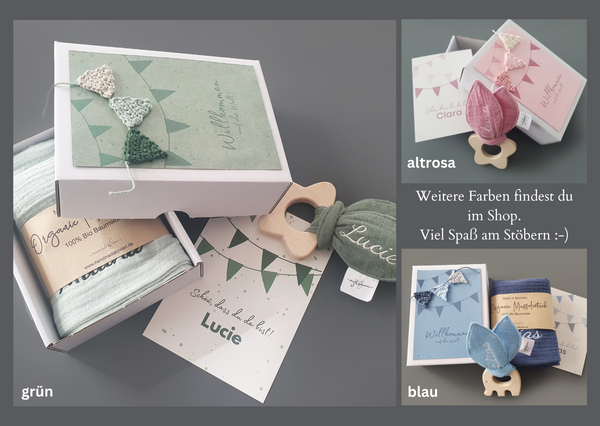 Personalisierte Baby Geschenkbox 3-teilig - Girlande, grün