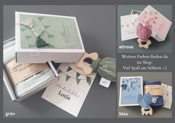 Personalisierte Baby Geschenkbox 3-teilig mit Knisterohren - Girlande, rosa