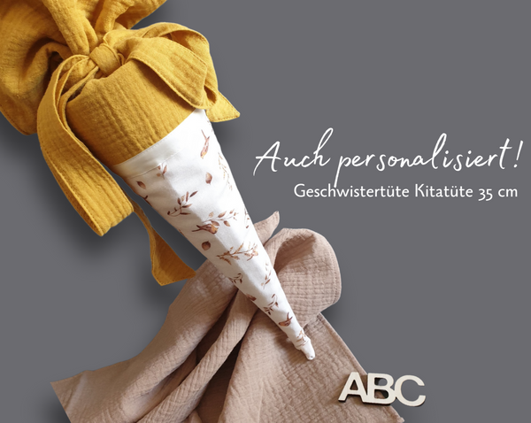 Kleine personalisierte Geschwistertüte - Vögelchen in beige/senf