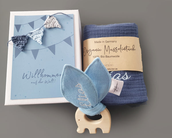 Personalisierte Baby Geschenkbox 3-teilig - Girlande, blau