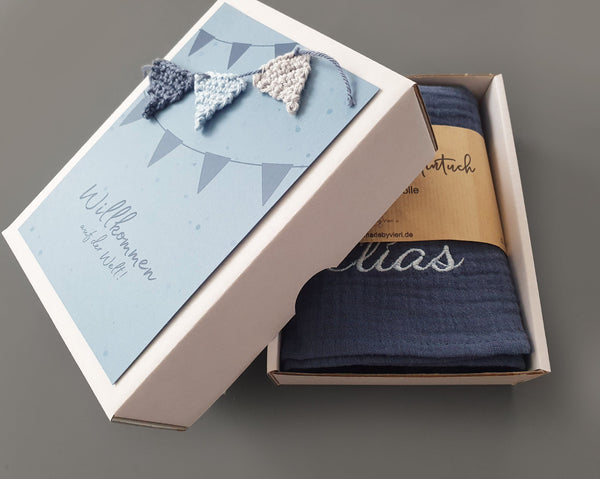 Personalisierte Baby Geschenkbox 3-teilig - Girlande, blau