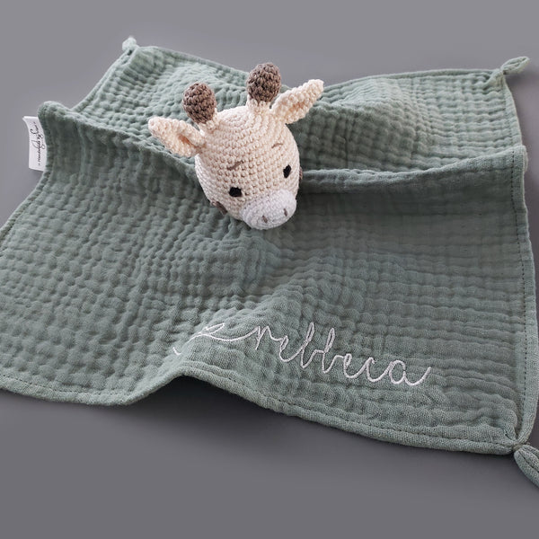 Personalisierbares Schmusetuch mit Giraffe – Kuscheliges Babygeschenk in old green