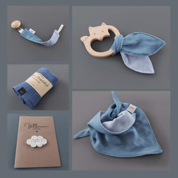 Baby Geschenkset für Mädchen 5-teilig: Halstuch, Greifling mit Knistertuch, Musselintuch, Schnullerkette und Babykarte, Geschenk zur Geburt, personalisiertes Geschenk, blue shadow/babyblau