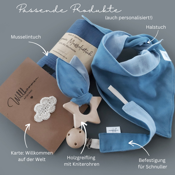 Personalisiertes Musselin Halstuch - Lätzchen für Babys und Kleinkinder mit Namen bestickt, Bandana, Dreiecktuch, blue shadow (denimblau) & hellblau