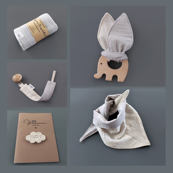 Baby Geschenkset 5-teilig: Halstuch, Greifling mit Knistertuch, Musselintuch, Schnullerkette und Babykarte, Geschenk zur Geburt, personalisiertes Geschenk, grau beige