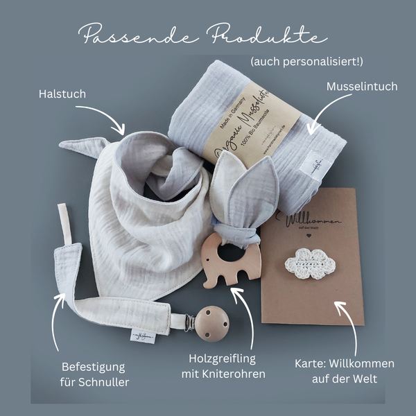 Dreieckstücher für Babys - Dreiecktuch aus Musselin mit Namen bestickt, hellgrau beige - handmadebyvieri