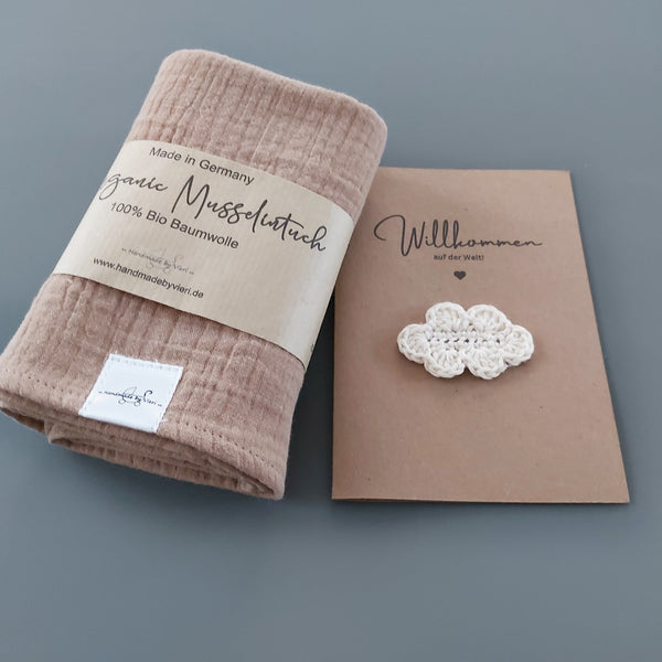 Personalisiertes Musselintuch für Babys mit Greifling - in taupe
