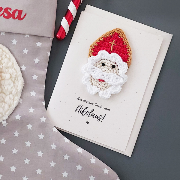 Einzigartige Nikolauskarte mit einem Bischof mit Mitra mit Text: Ein kleiner Gruß vom Nikolaus