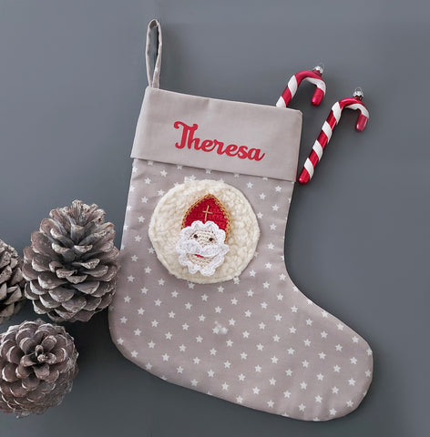 Perfekte Nikolausüberraschung Set - Personalisierter Nikolausstiefel für Kinder mit Grußkarte von Nikolaus, beige mit verschiedenen Motiven