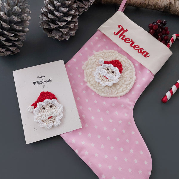 Perfekte Nikolausüberraschung Set - Personalisierter Nikolausstiefel für Kinder mit Grußkarte von Nikolaus, rosa mit verschiedenen Motiven