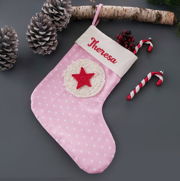 Nikolausstiefel mit Stern für Kinder – Personalisierte Nikolausstrümpfe, Weihnachtsstrumpf, Nikolausgeschenke, in rosa