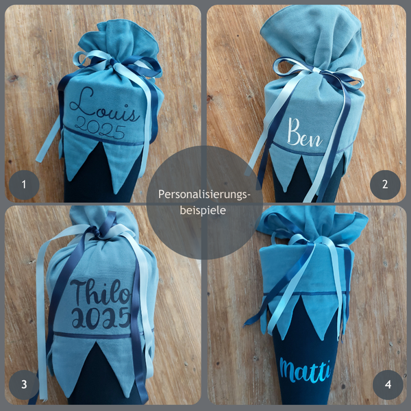 Personalisierte Schultüte aus Musselin mit Wimpelkette - blau, 70cm
