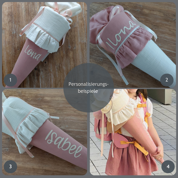 Personalisierte Schultüte mit Rüsche aus Stoff - süße Schultüte in zarten Farben, 70cm