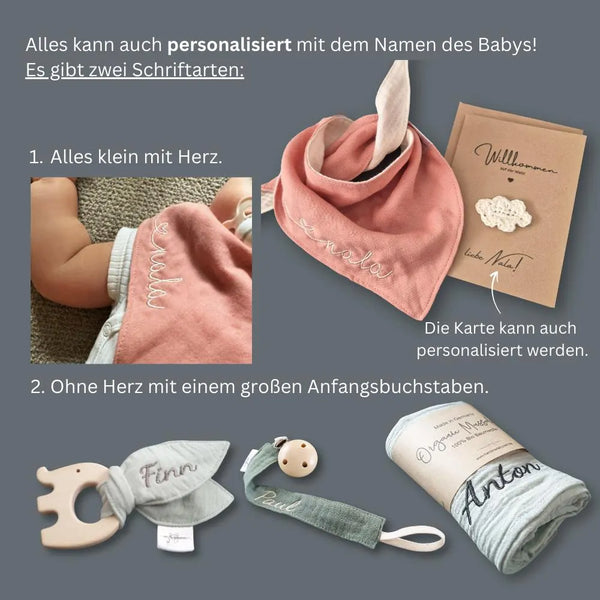 Baby Geschenkset 5-teilig - Halstuch, Greifling mit Knistertuch, Musselintuch, Schnullerkette und Babykarte, lachs/beige