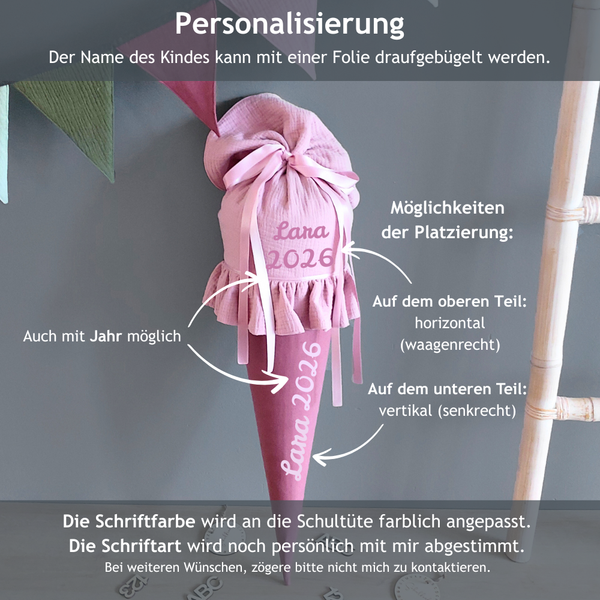Personalisierte Schultüte mit Rüsche aus Stoff - süße Schultüte in zarten Farben, 70cm
