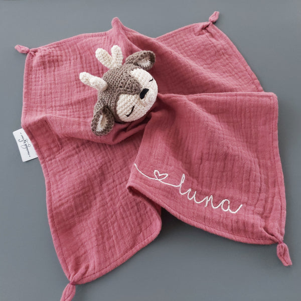 Rehkitz Schmusetuch mit Name - Kuscheltier Reh mit Namen in deco rose