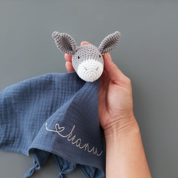 Esel Schmusetuch mit Namein jeansblue - Schnuffeltuch, Kuscheltuch, Kuscheltier Esel