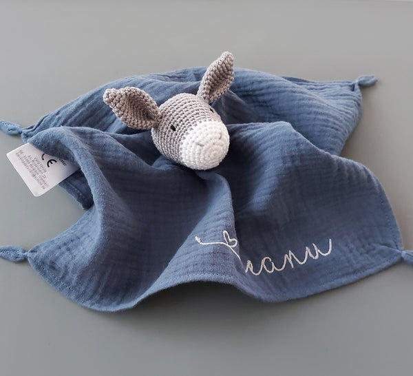 Esel Schmusetuch mit Namein jeansblue - Schnuffeltuch, Kuscheltuch, Kuscheltier Esel