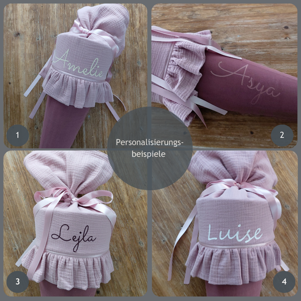 Schultüte mit Rüsche aus Stoff - personalisierte Schultüte in rosa / bordeaux, 70cm