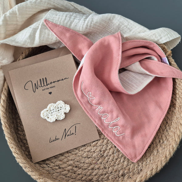 Baby Geschenkset 5-teilig - Halstuch, Greifling mit Knistertuch, Musselintuch, Schnullerkette und Babykarte, lachs/beige