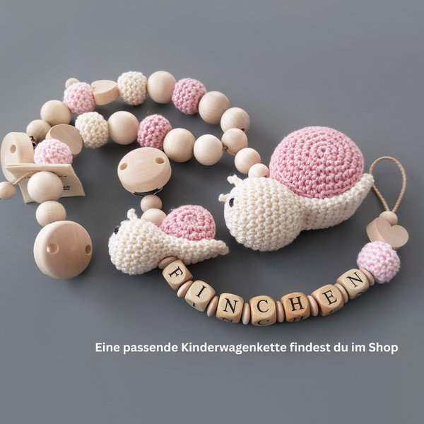 Schnullerkette mit Namen- gehäkelte Schnecke in rosa/beige