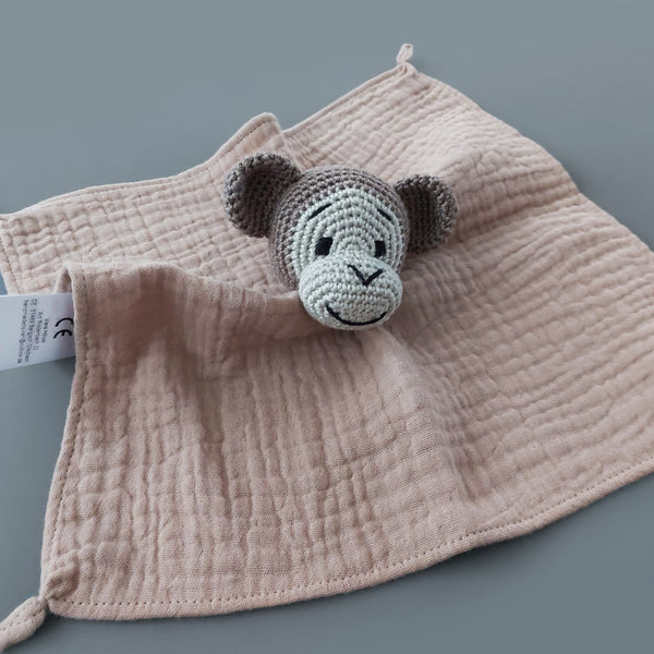 Handgemachtes personalisiertes Baby Geschenk zur Geburt, Schmusetuch Affe mit eingesticktem Namen.