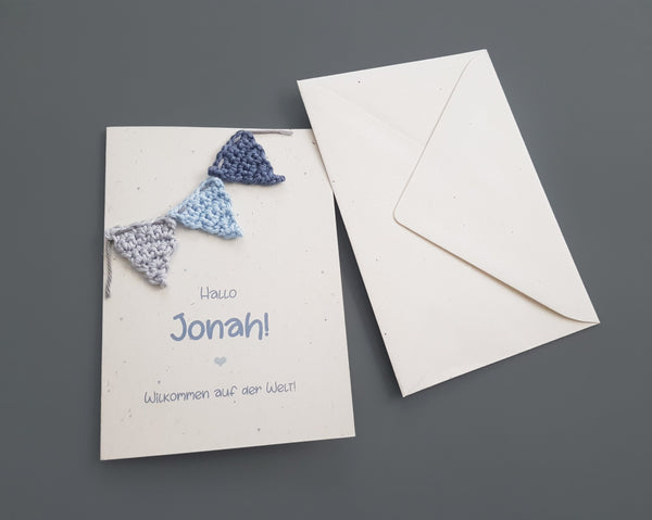 Personalisierte Geburtskarte - Girlande, blau/grau
