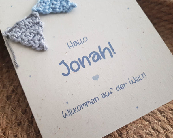 Personalisierte Geburtskarte - Girlande, blau/grau
