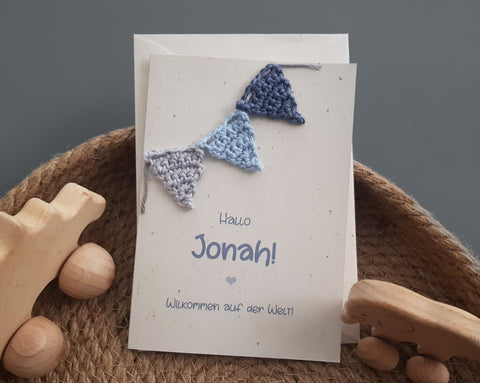 Personalisierte Geburtskarte - Girlande, blau/grau
