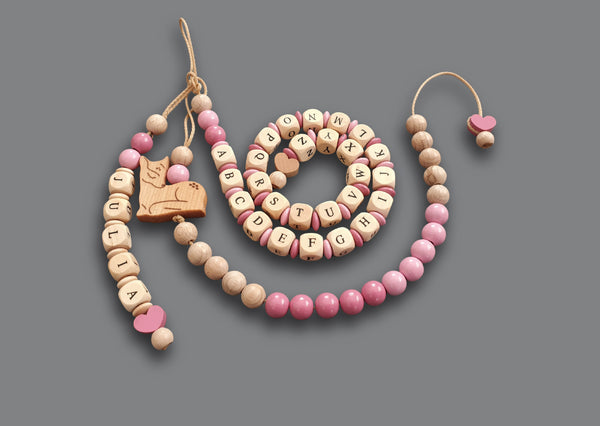 Personalisierte Rechenkette und ABC-Kette - verschiedenen Motive, Holz, rosa