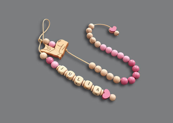 Personalisierte Rechenkette und ABC-Kette - verschiedenen Motive, Holz, rosa