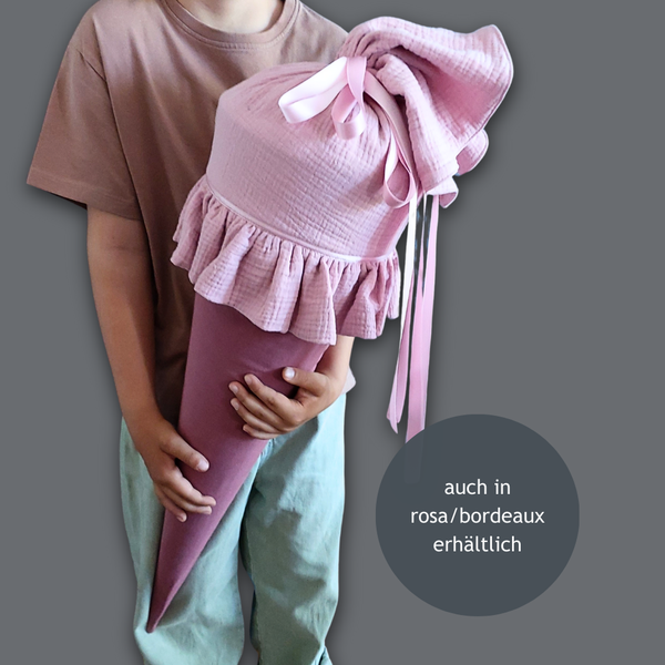 Personalisierte Schultüte aus Musselin in lila für Mädchen - Stoffschultüte mit Name zur Einschulung