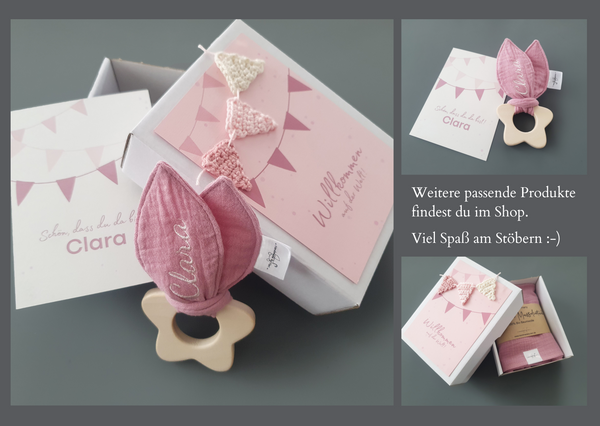 Personalisierte Baby Geschenkbox 3-teilig mit Knisterohren - Girlande, rosa