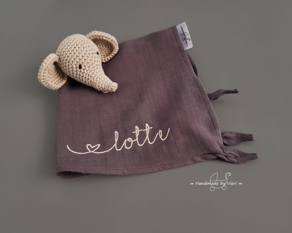 Personalisiertes Schmusetuch aus Bio Musselin - Elefant in sand und rabbit