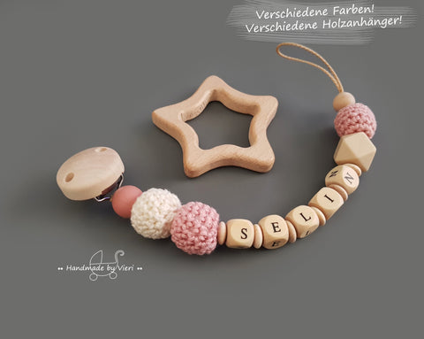 Schnullerkette inkl. Holzanhänger mit Namen, großer Stern