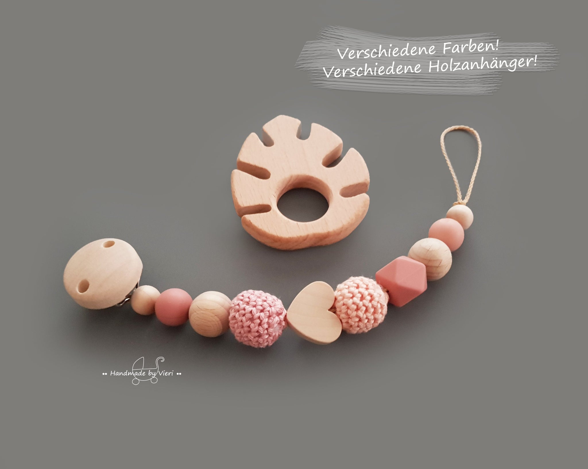 Schnullerkette inkl. Holzanhänger ohne Namen, Blatt - handmadebyvieri