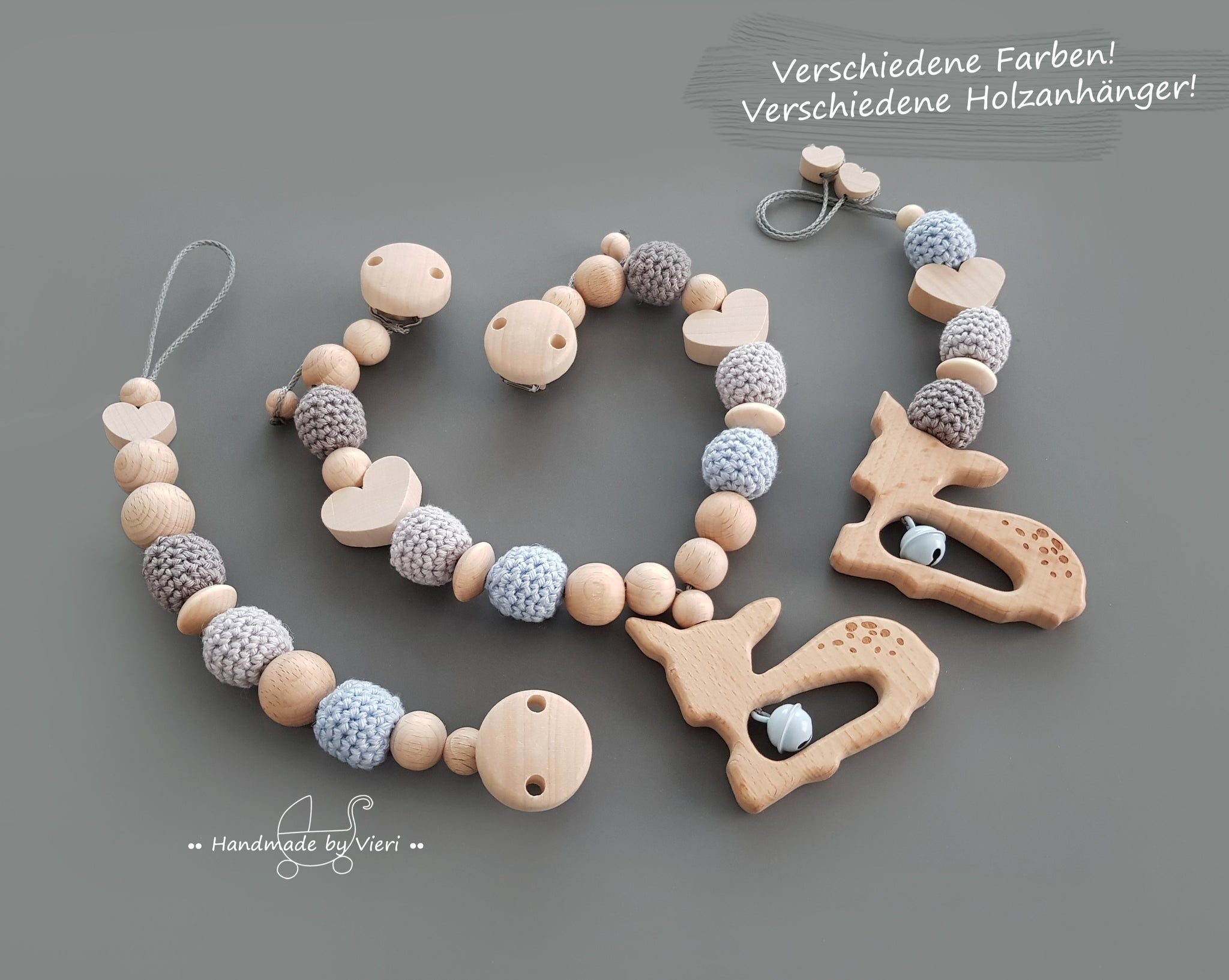 Babyset oder einzeln ohne Namen - Reh, babyblau/grau