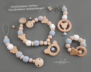 Sparset oder einzeln ohne Namen - Schnullerkette, Kinderwagenkette, Greifling und Anhänger, Bär - handmadebyvieri