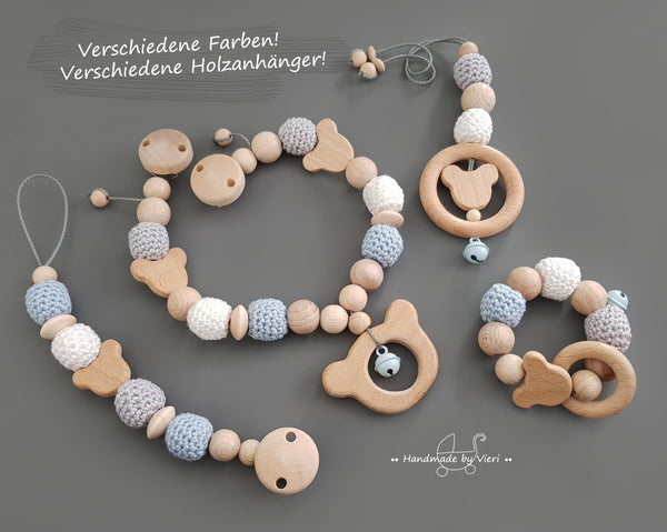 Sparset oder einzeln ohne Namen - Schnullerkette, Kinderwagenkette, Greifling und Anhänger, Bär - handmadebyvieri