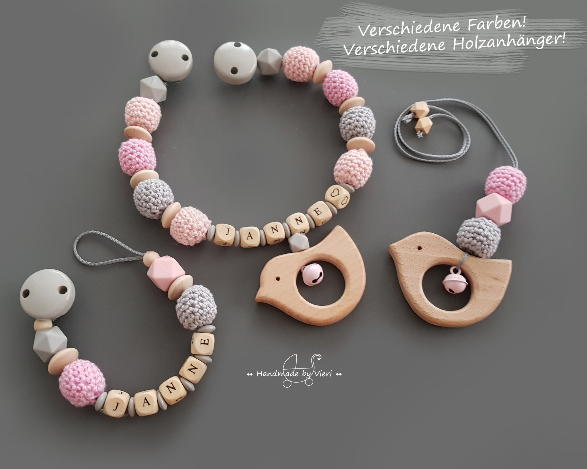 Sparset oder einzeln mit Namen - Kinderwagenkette, Schnullerkette und Anhänger Vögelchen, rosa/grau
