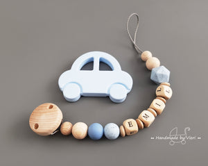 Schnullerkette inkl. Silikonanhänger mit Namen, Auto, blau