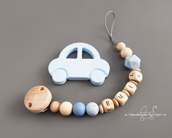 Schnullerkette inkl. Silikonanhänger mit Namen, Auto, blau