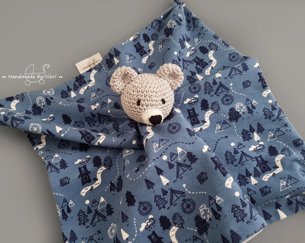 SALE Bio Schmusetuch - Bär, blau mit Bärenlandchaftsmotiv