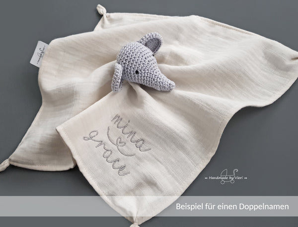 Personalisiertes Schmusetuch aus Bio Musselin - Fuchs in rost und beige