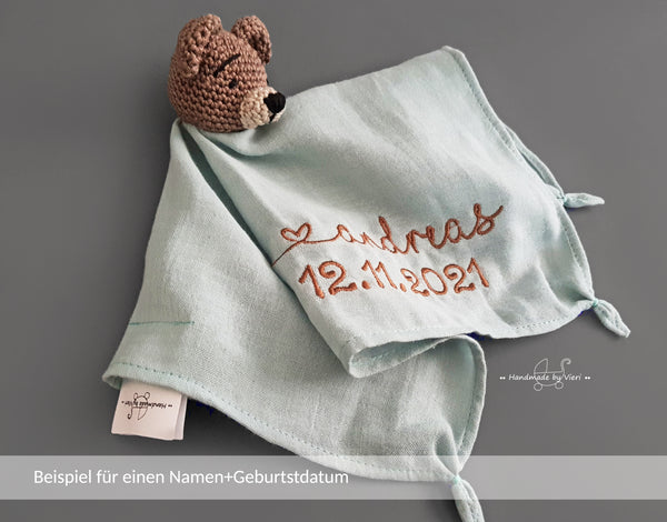 Personalisiertes Schmusetuch aus Bio Musselin - Fuchs in rost und beige