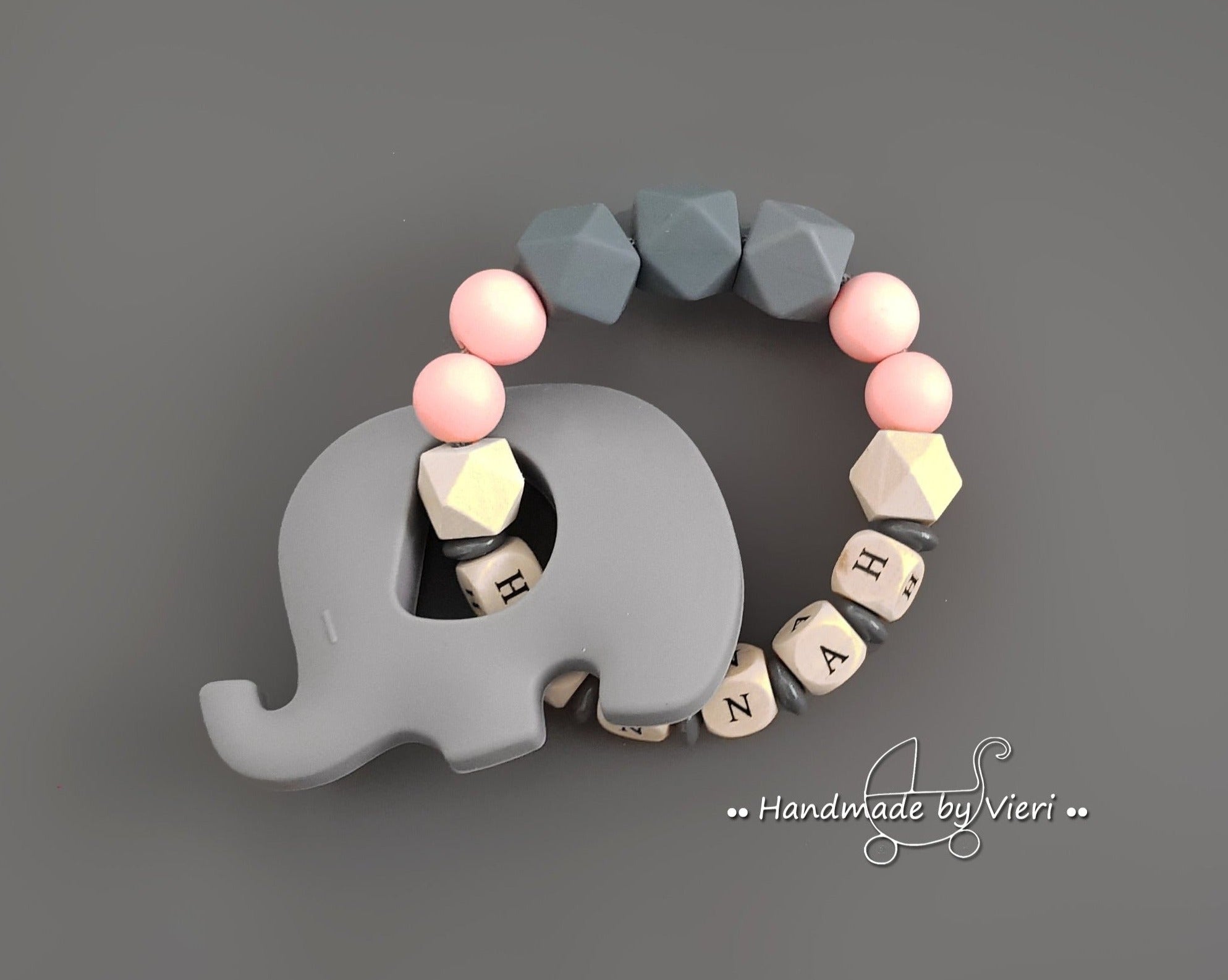 Beißring aus Silikon mit Namen - Elefant, &nbsp;rosa
