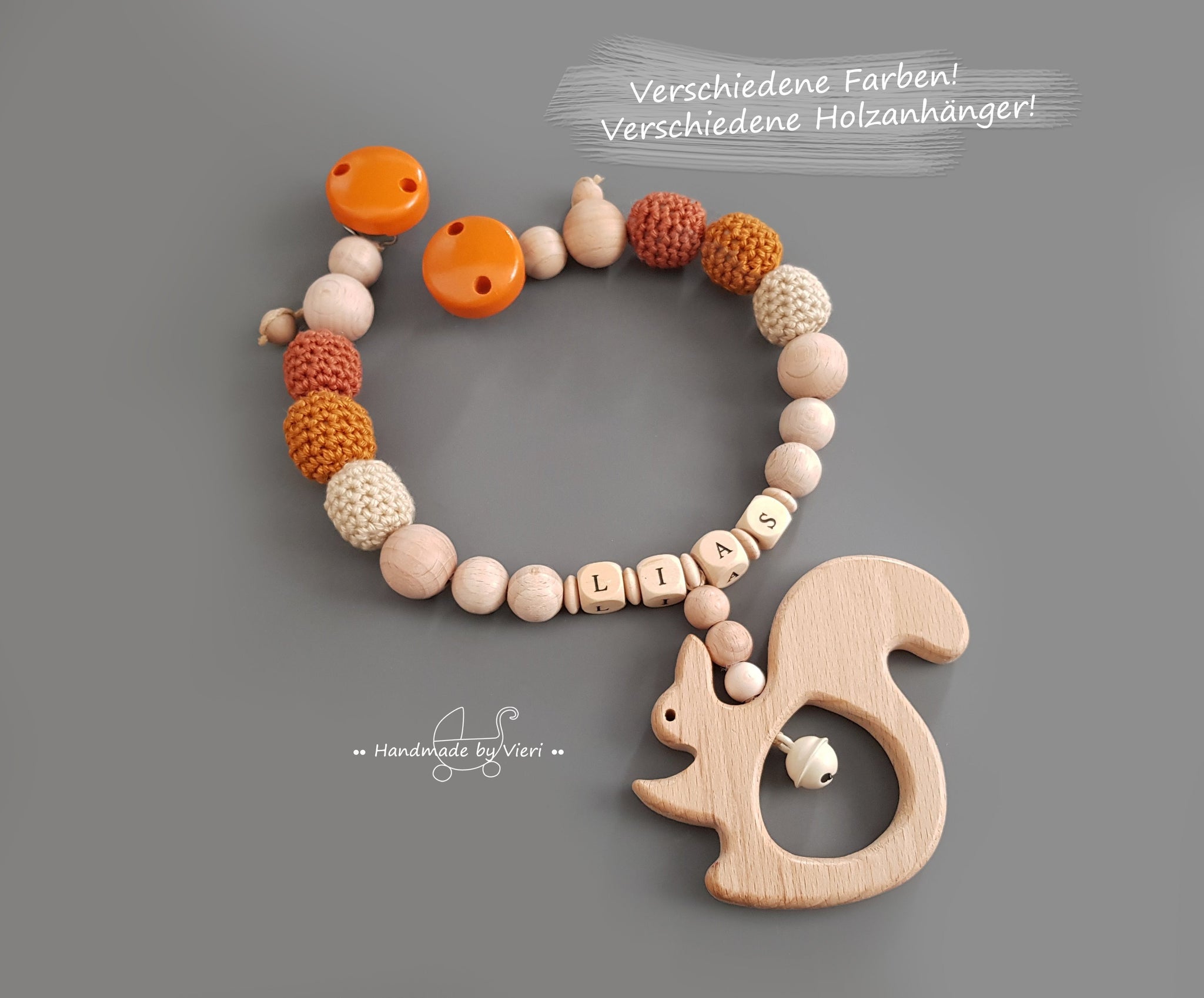 Kinderwagenkette mit Namen - Eichhörnchen, orange
